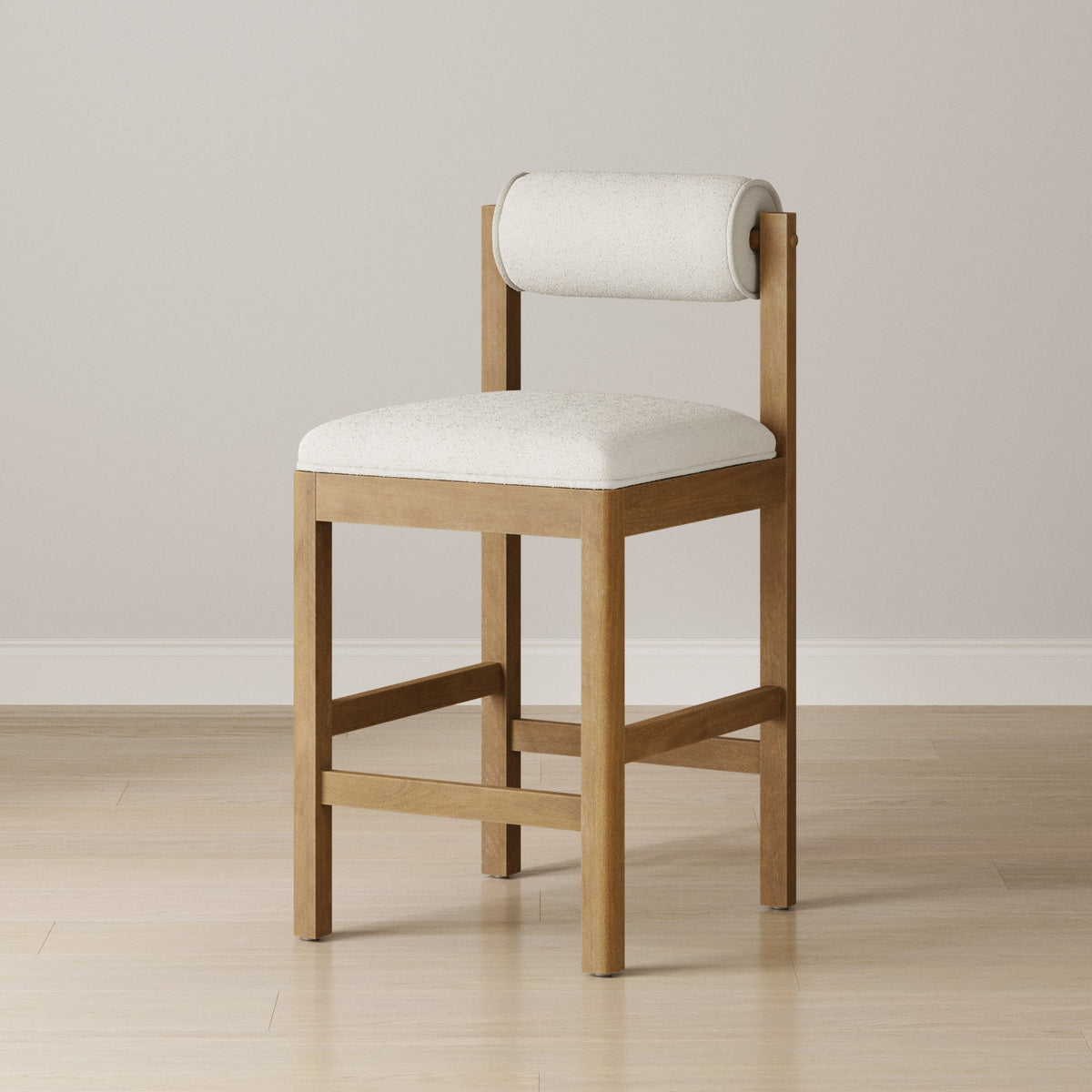 Modern Wood & Boucle Bar Stool with Bolster Back