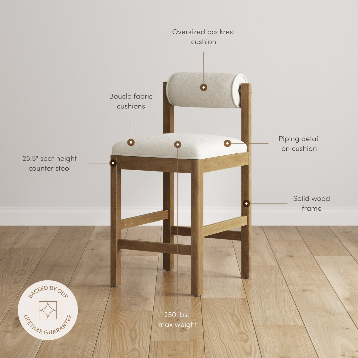 Modern Wood & Boucle Bar Stool with Bolster Back