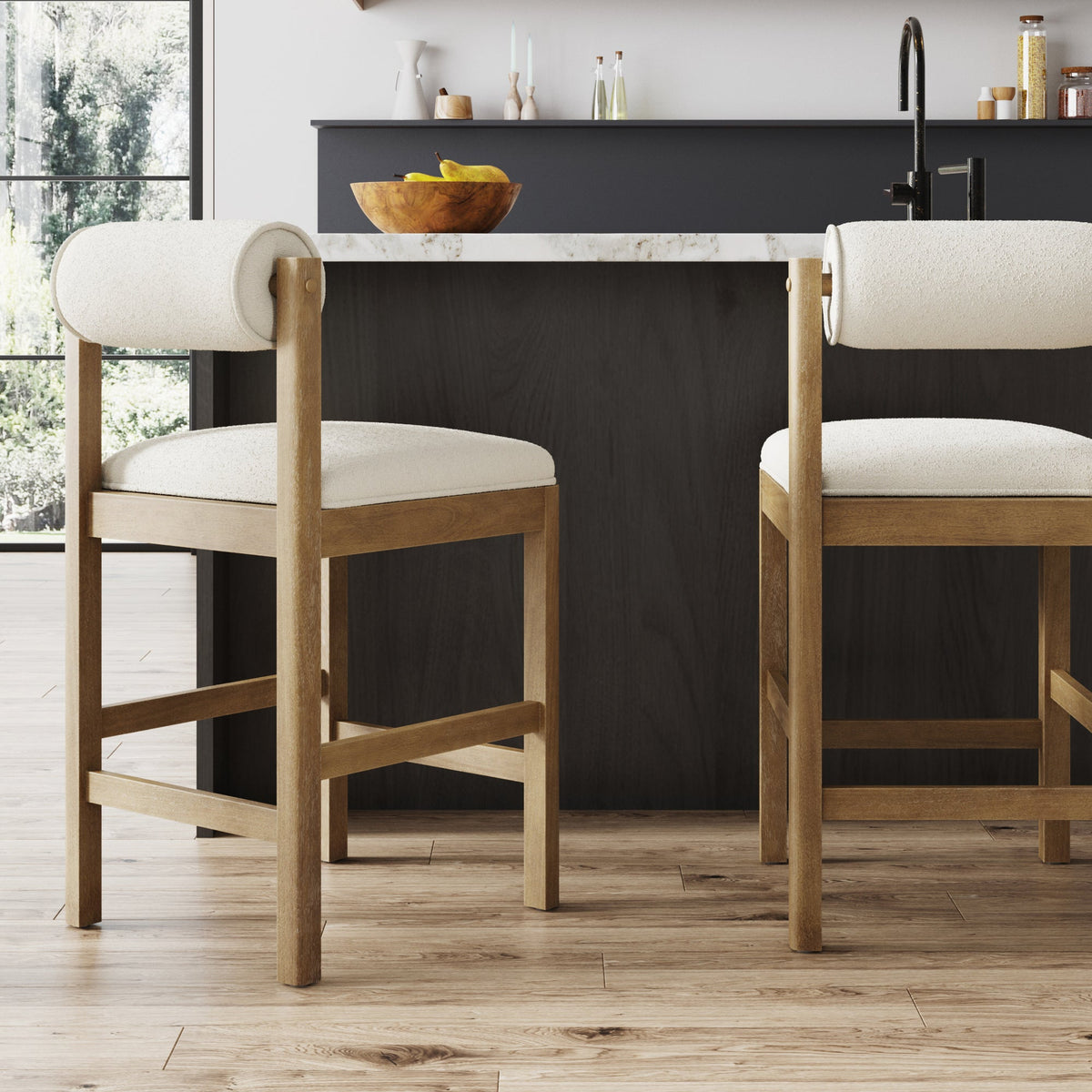 Modern Wood & Boucle Bar Stool with Bolster Back