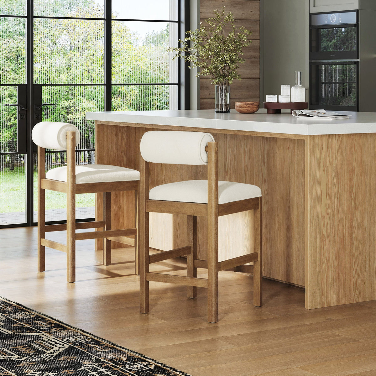 Modern Wood & Boucle Bar Stool with Bolster Back