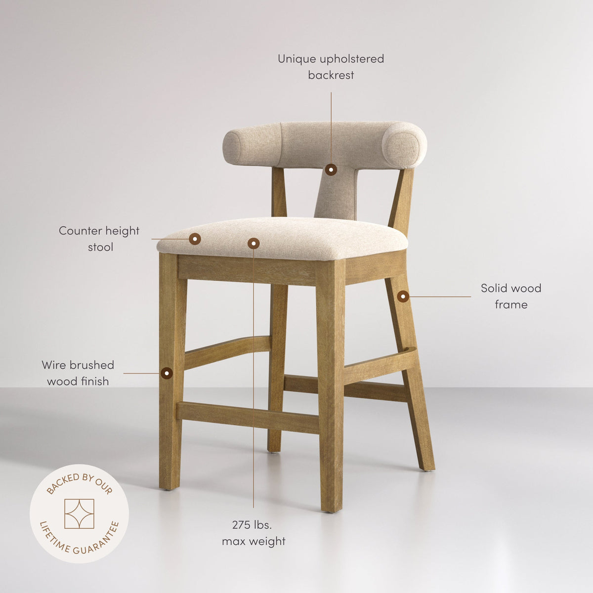Modern Upholstered Counter Stool with Back Light Brown