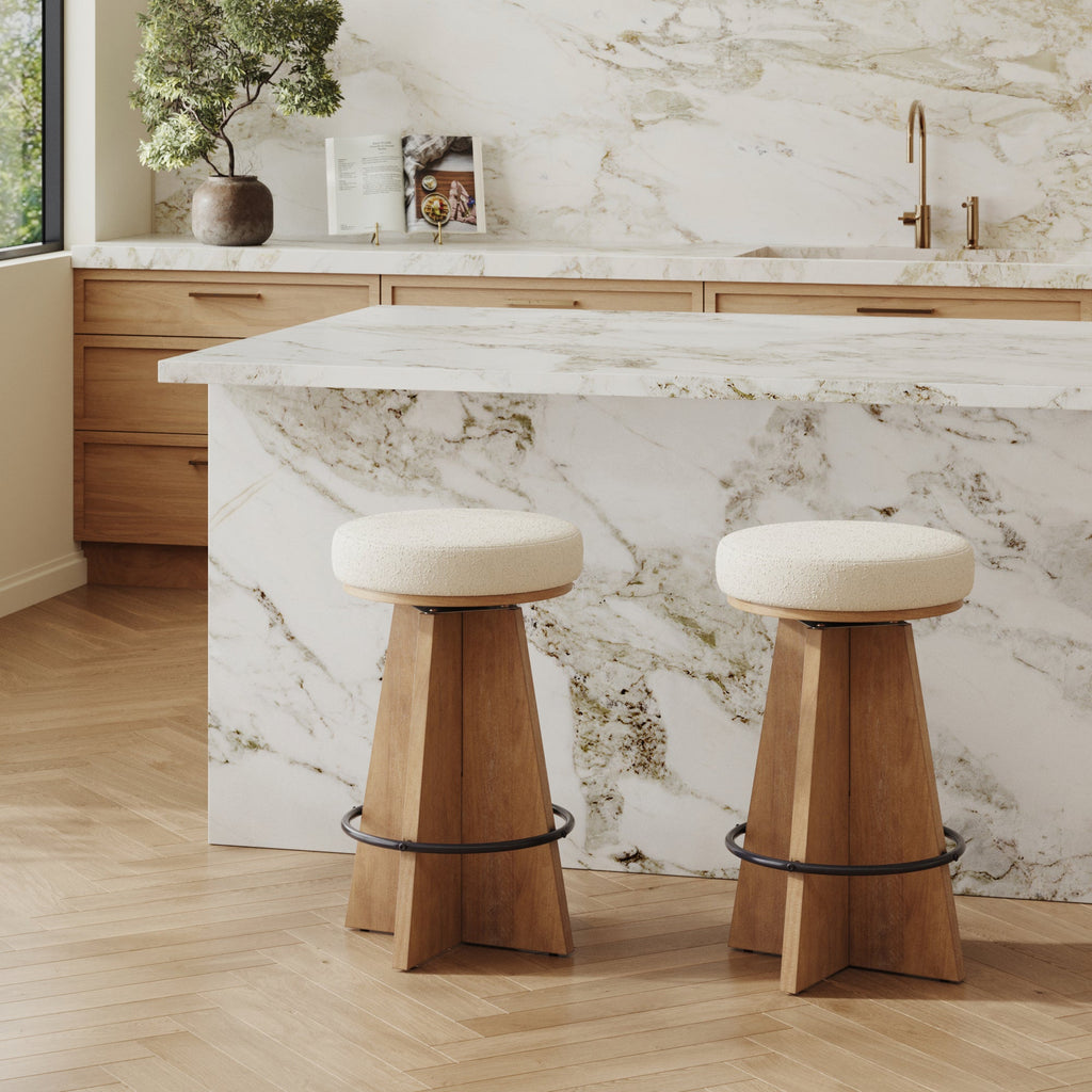Modern Backless Swivel Boucle Counter Stool with Pedestal