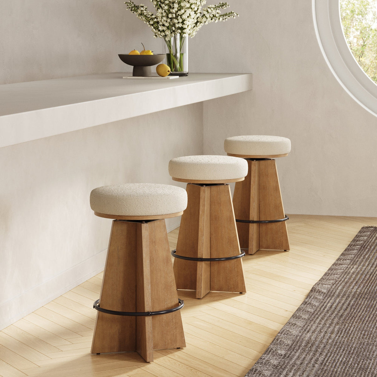 Modern Backless Swivel Boucle Counter Stool with Pedestal