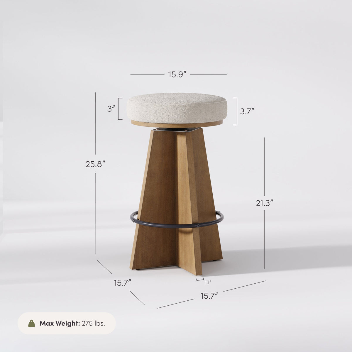 Modern Backless Swivel Boucle Counter Stool with Pedestal