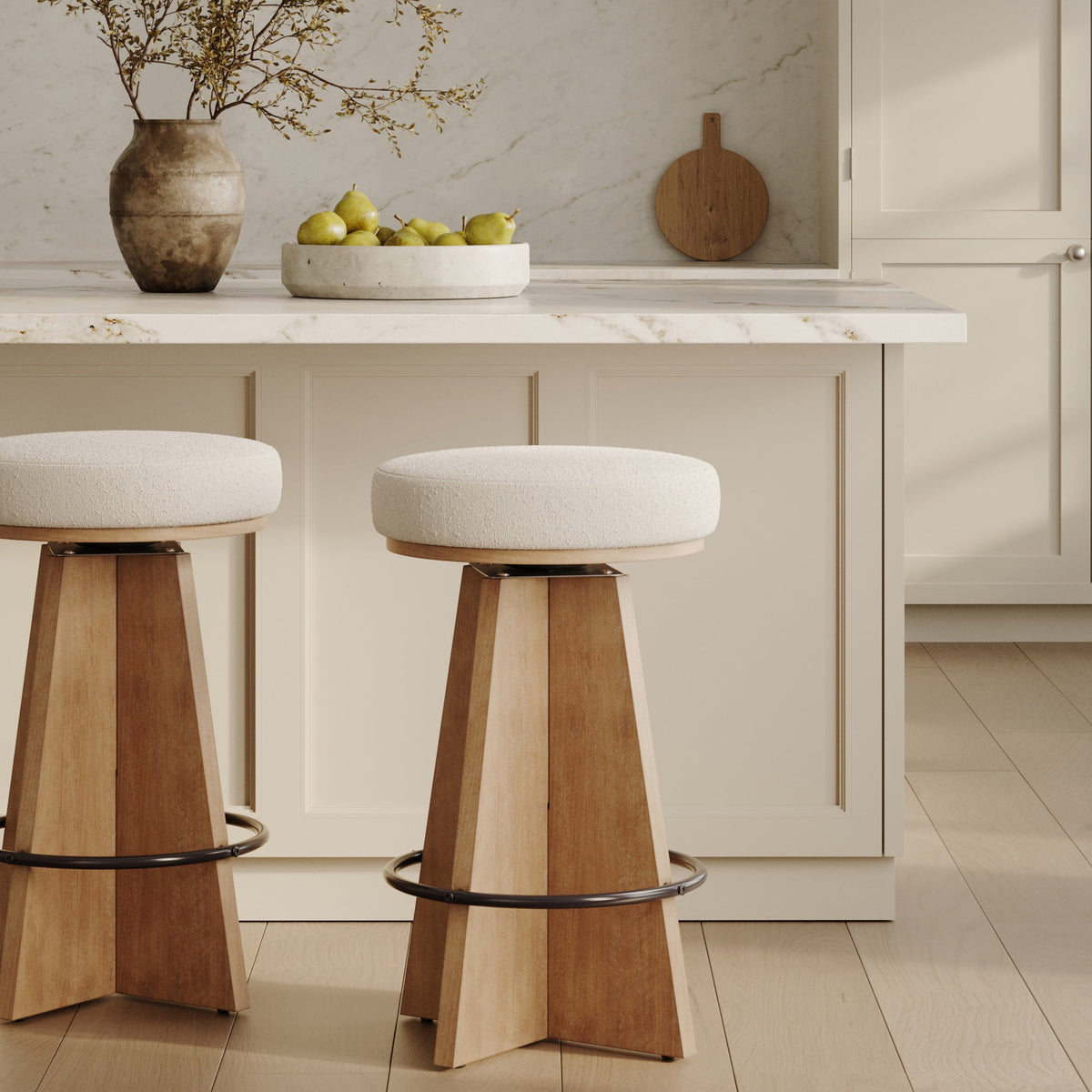 Modern Backless Swivel Boucle Counter Stool with Pedestal