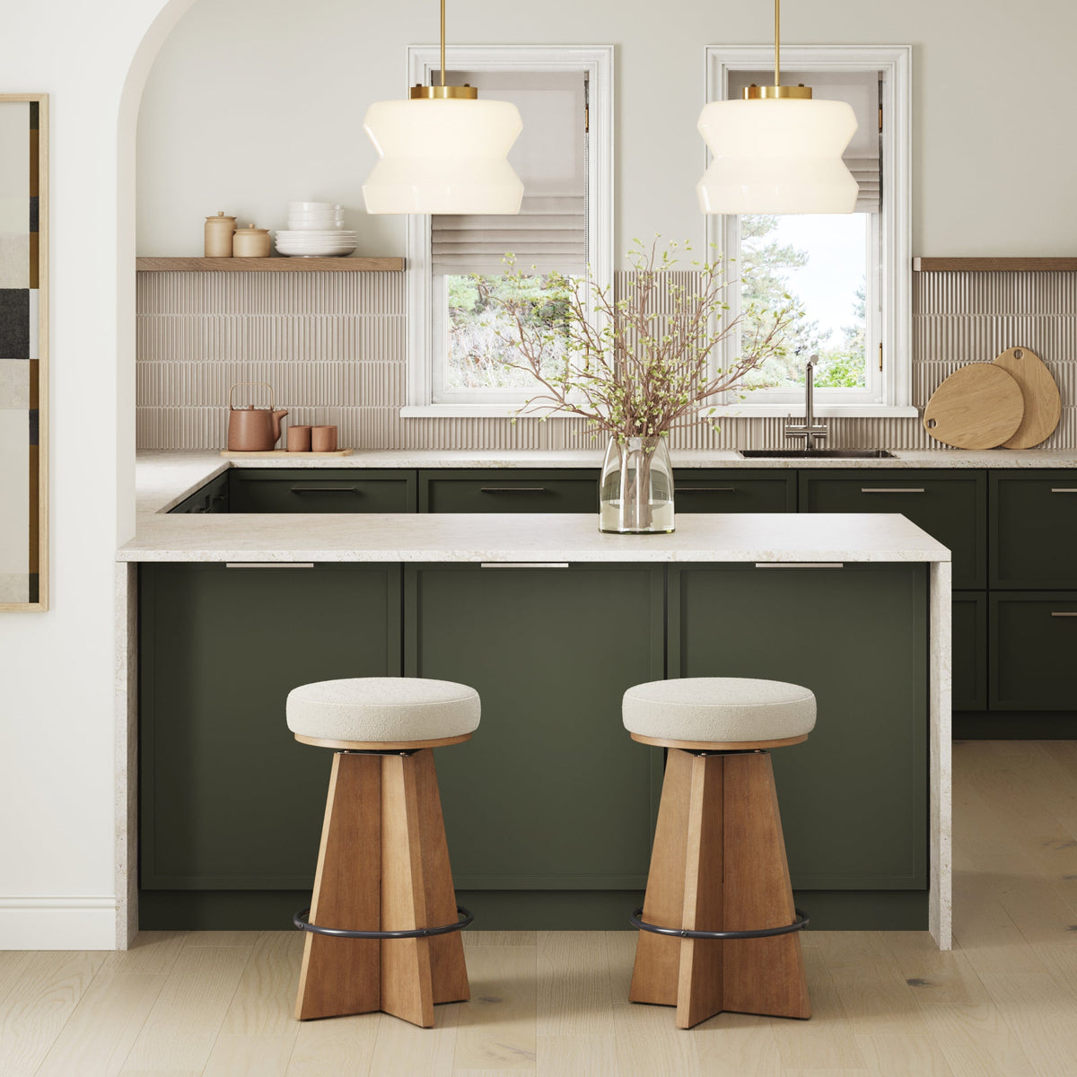 Modern Backless Swivel Boucle Counter Stool with Pedestal