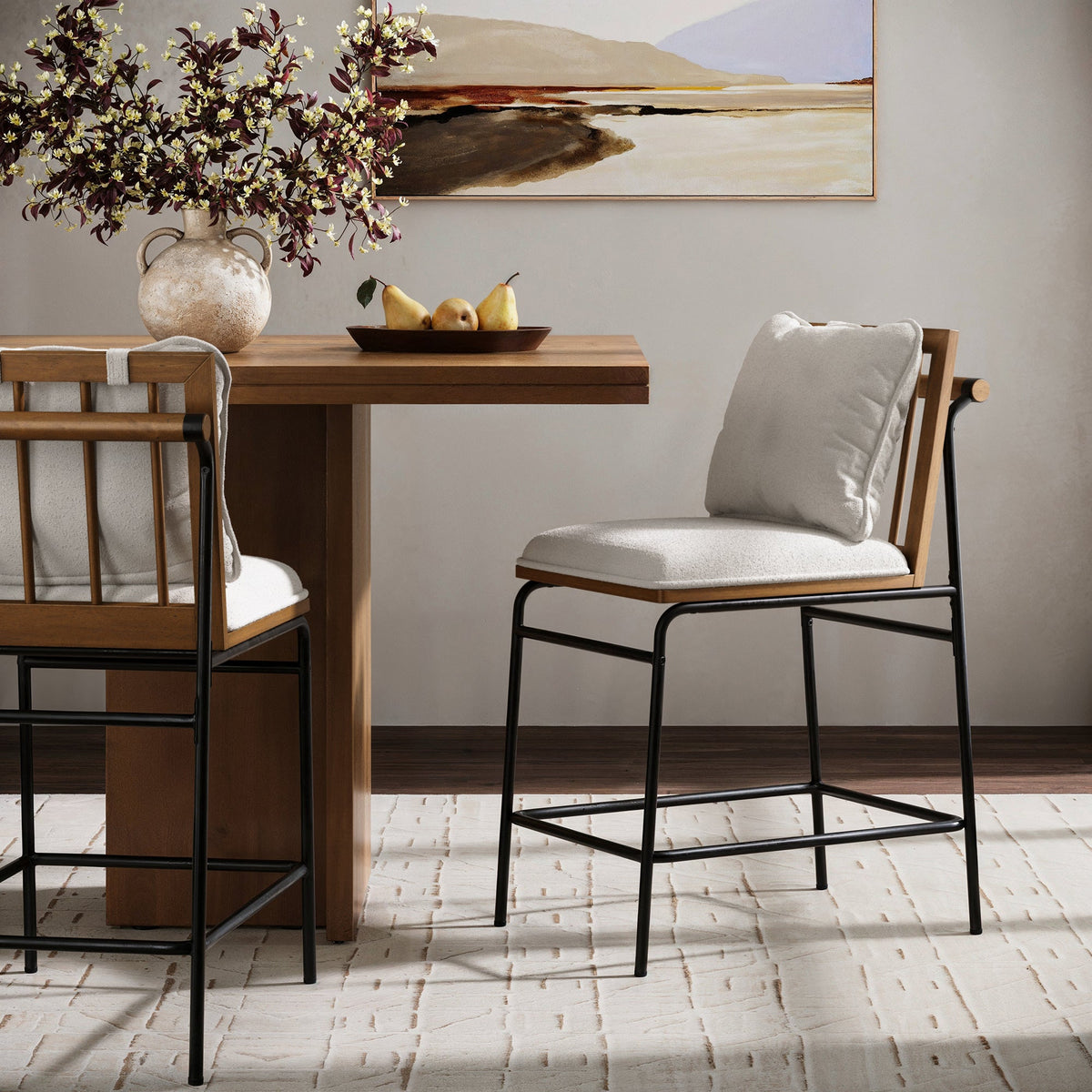 Metal Bar Stool with Cushion and Solid Wood Frame