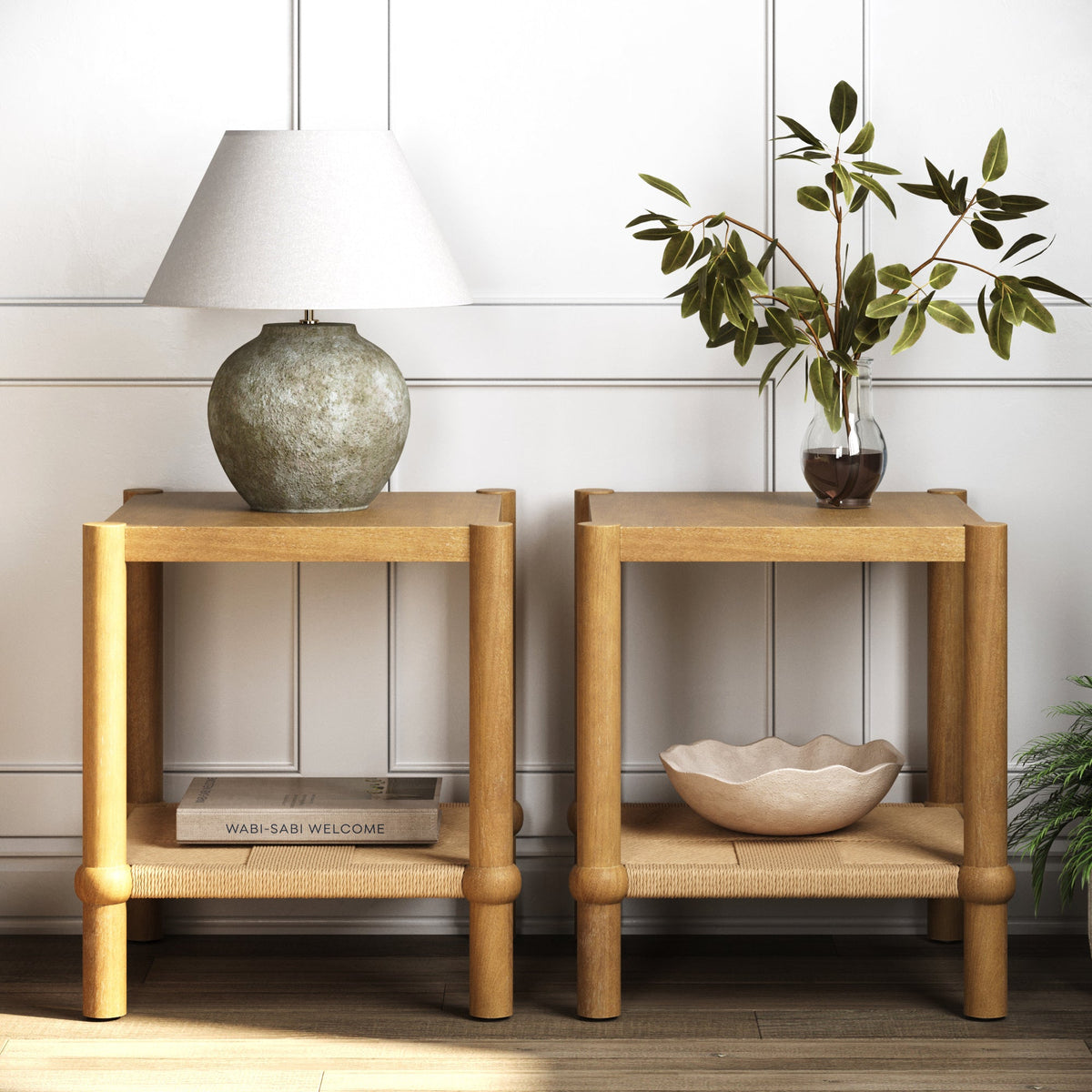 Wood 2-Tier Coastal Side Table with Seagrass Shelf Light