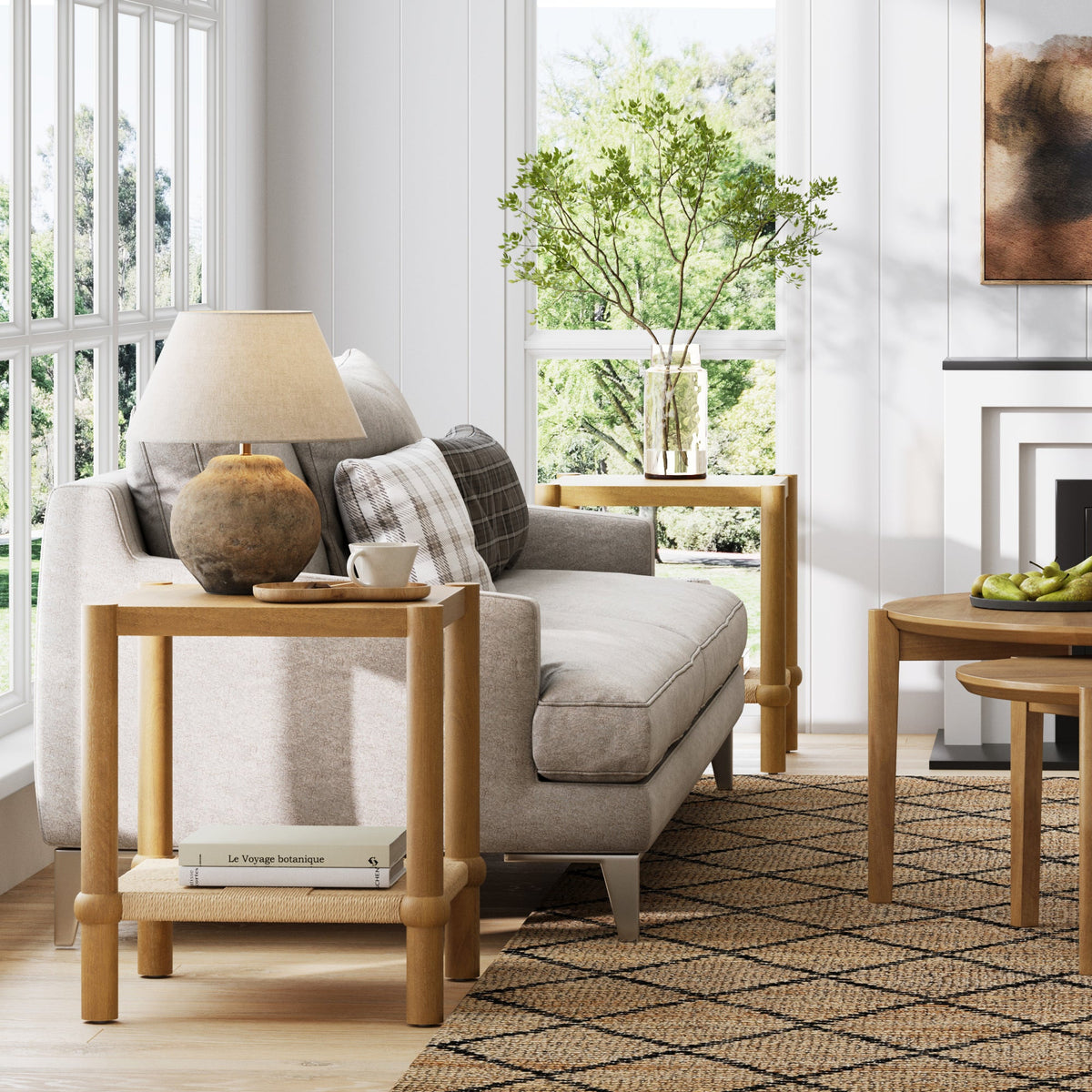 Wood 2-Tier Coastal Side Table with Seagrass Shelf Light