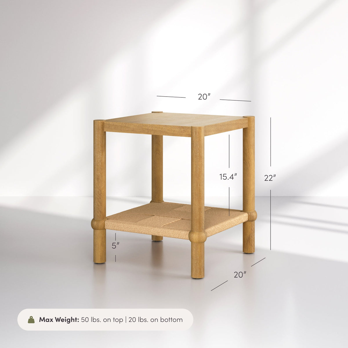 Wood 2-Tier Coastal Side Table with Seagrass Shelf Light