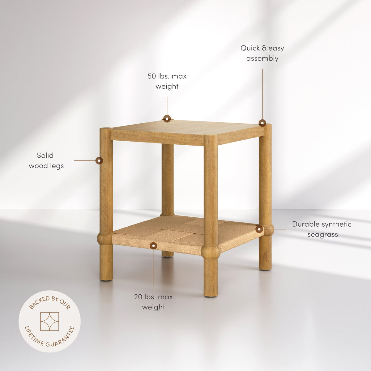 Wood 2-Tier Coastal Side Table with Seagrass Shelf Light