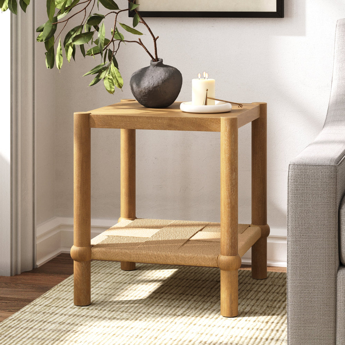 Wood 2-Tier Coastal Side Table with Seagrass Shelf Light