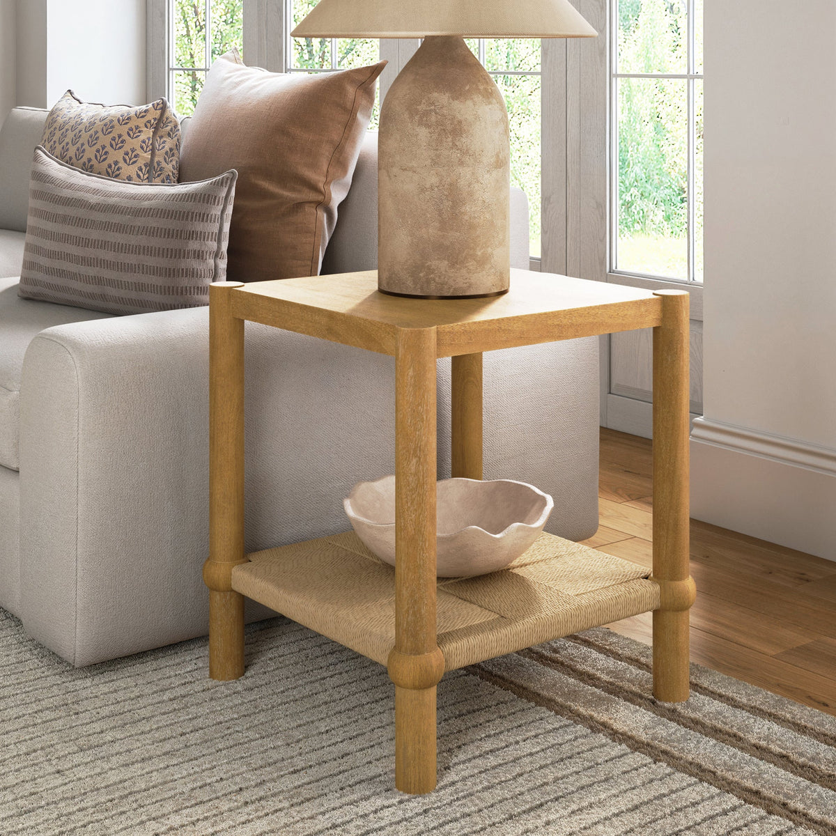 Wood 2-Tier Coastal Side Table with Seagrass Shelf Light