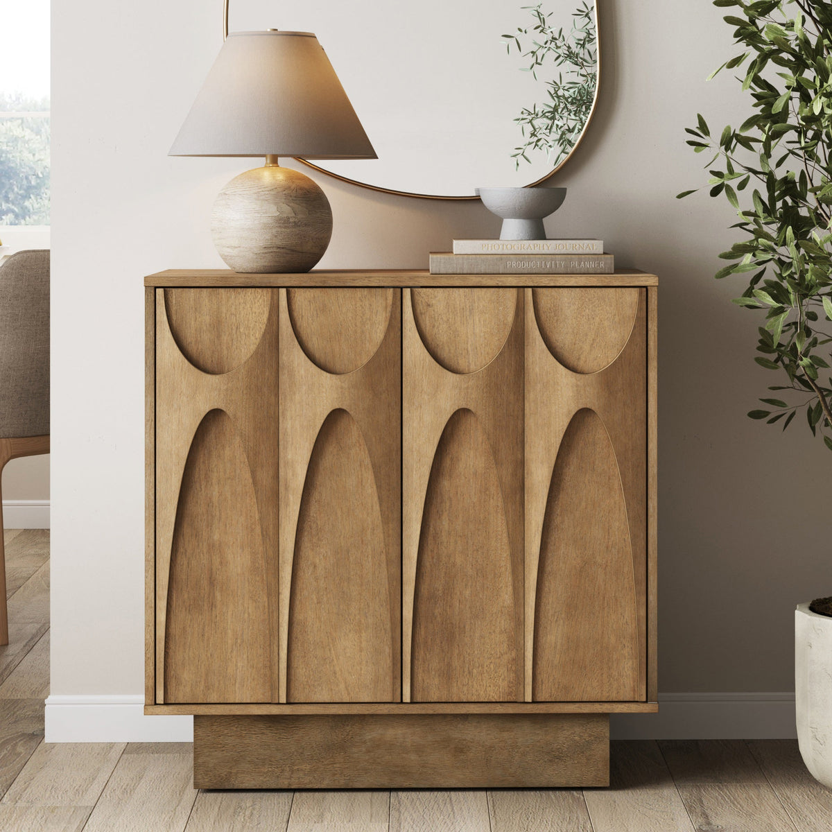 Mid Century Credenza with Antique Carved Doors Light