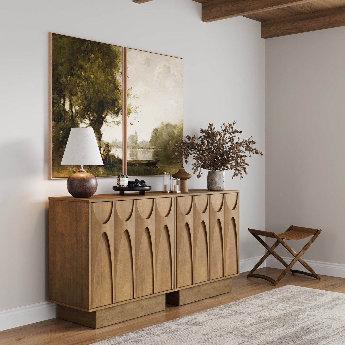 Mid Century Credenza with Antique Carved Doors Light