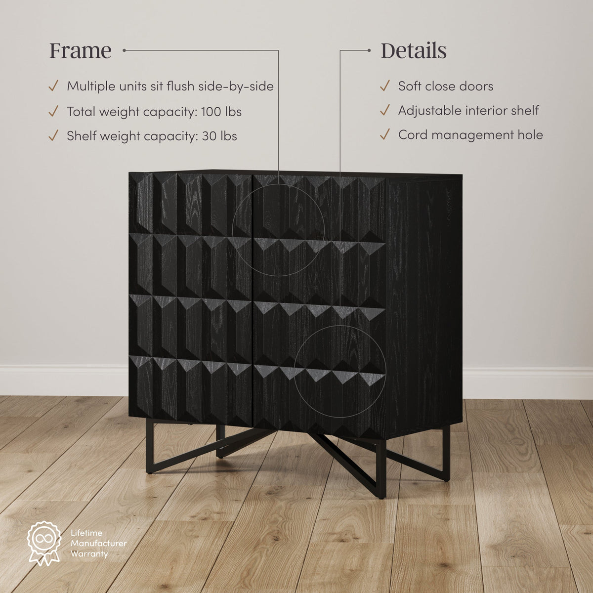 Contemporary Credenza Storage with Textured Front Black