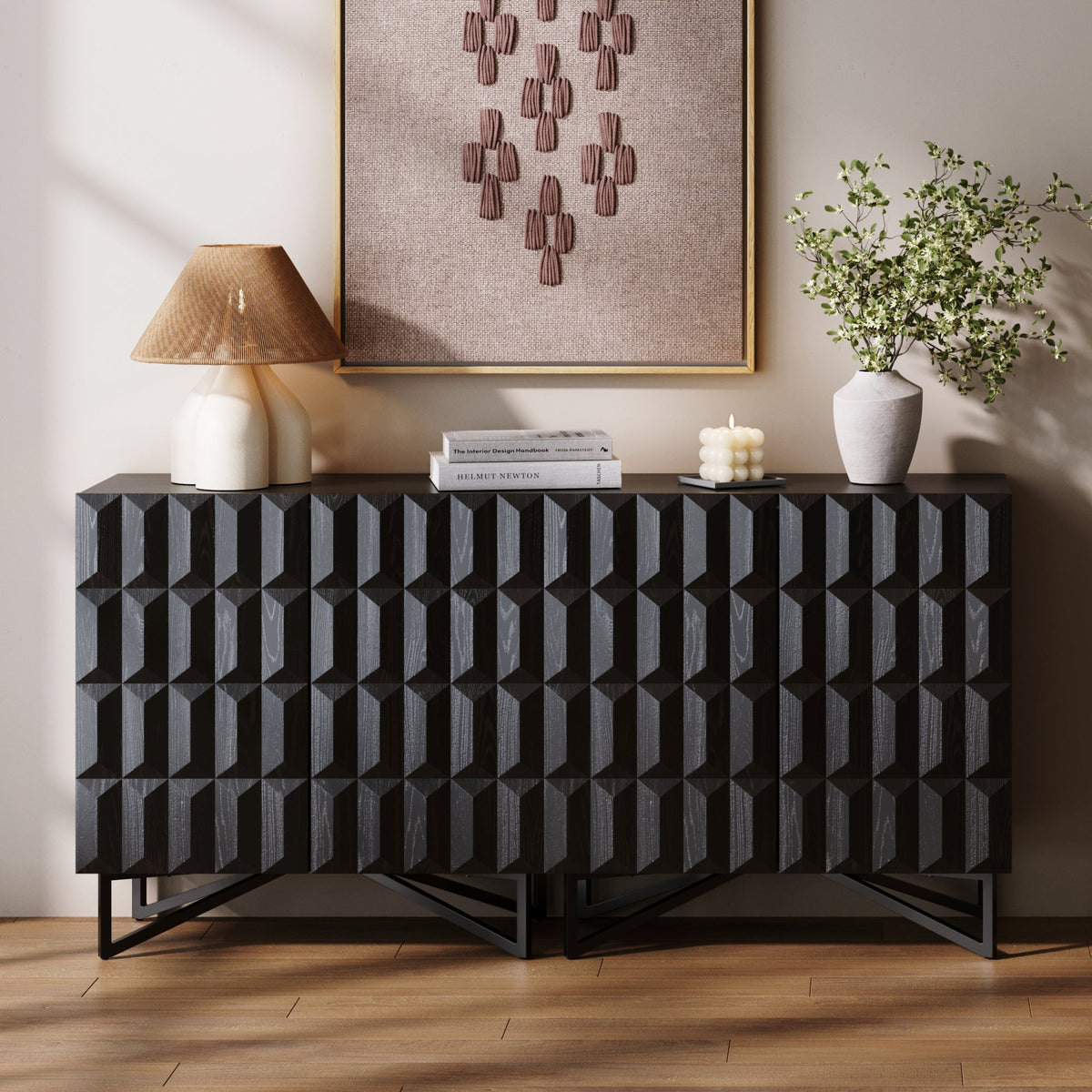 Contemporary Credenza Storage with Textured Front Black