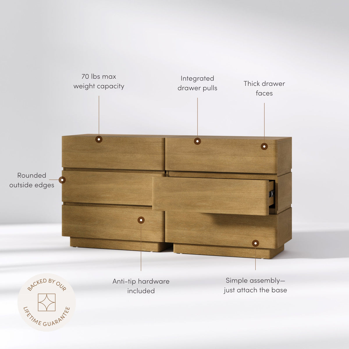 Wooden Modern 3-Drawer Dressers Light Brown (Set of 2)