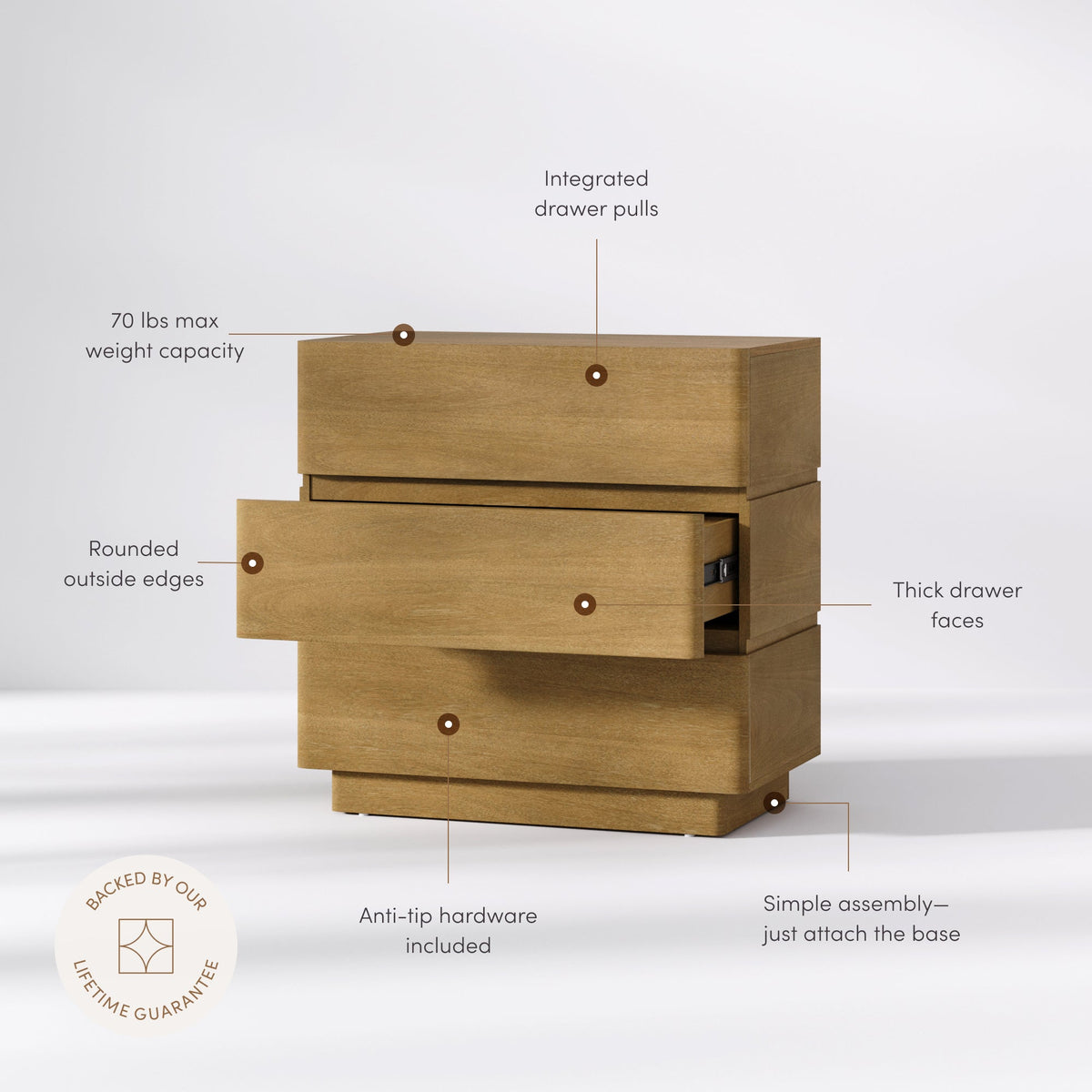 Wooden Modern 3-Drawer Dresser Light Brown