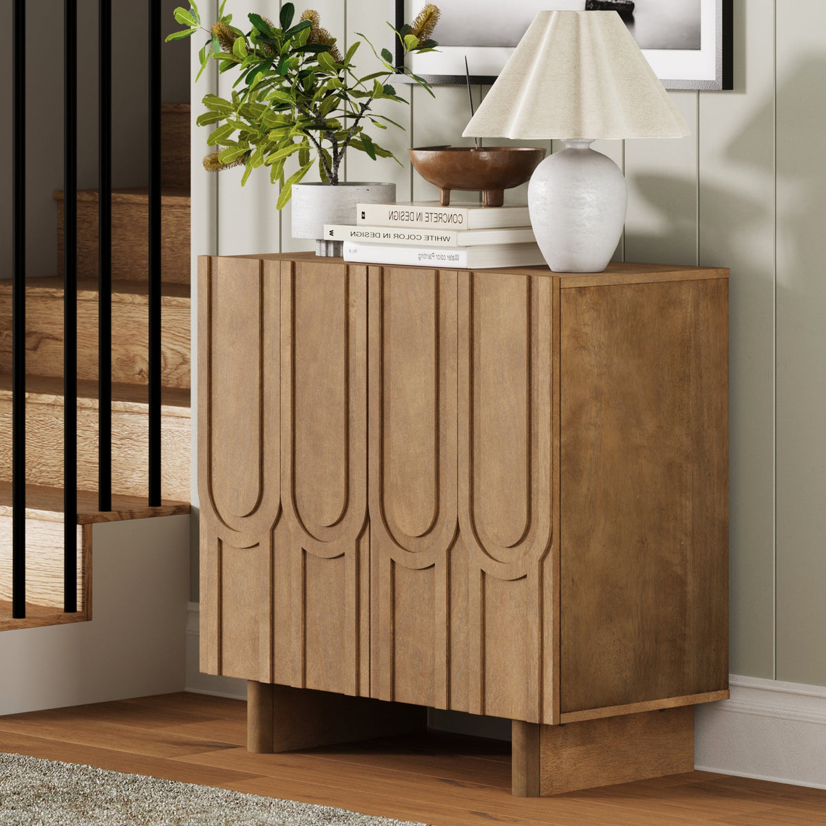 Mid Century Style Credenza with Geometric Carved Doors