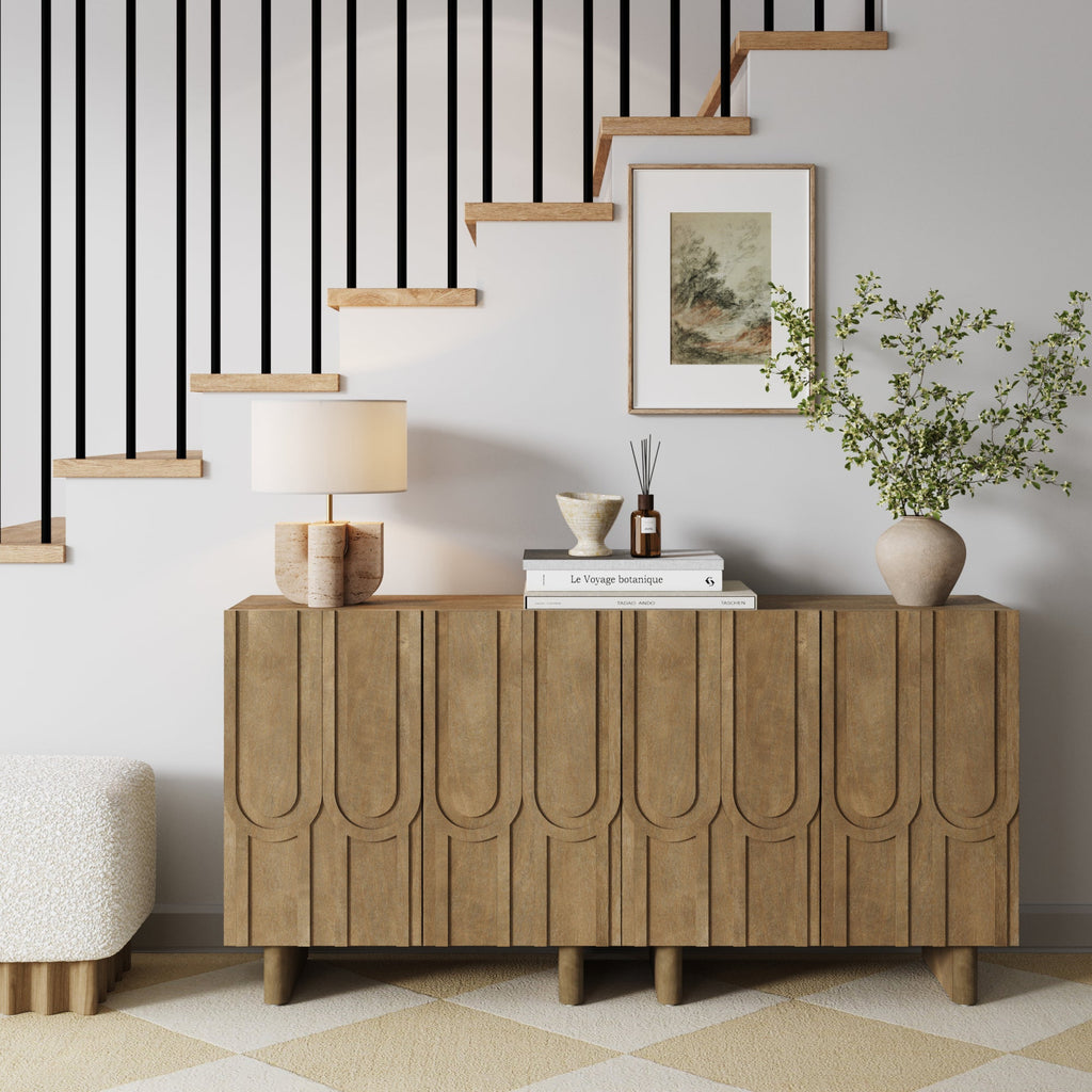Mid Century Style Credenza with Geometric Carved Doors