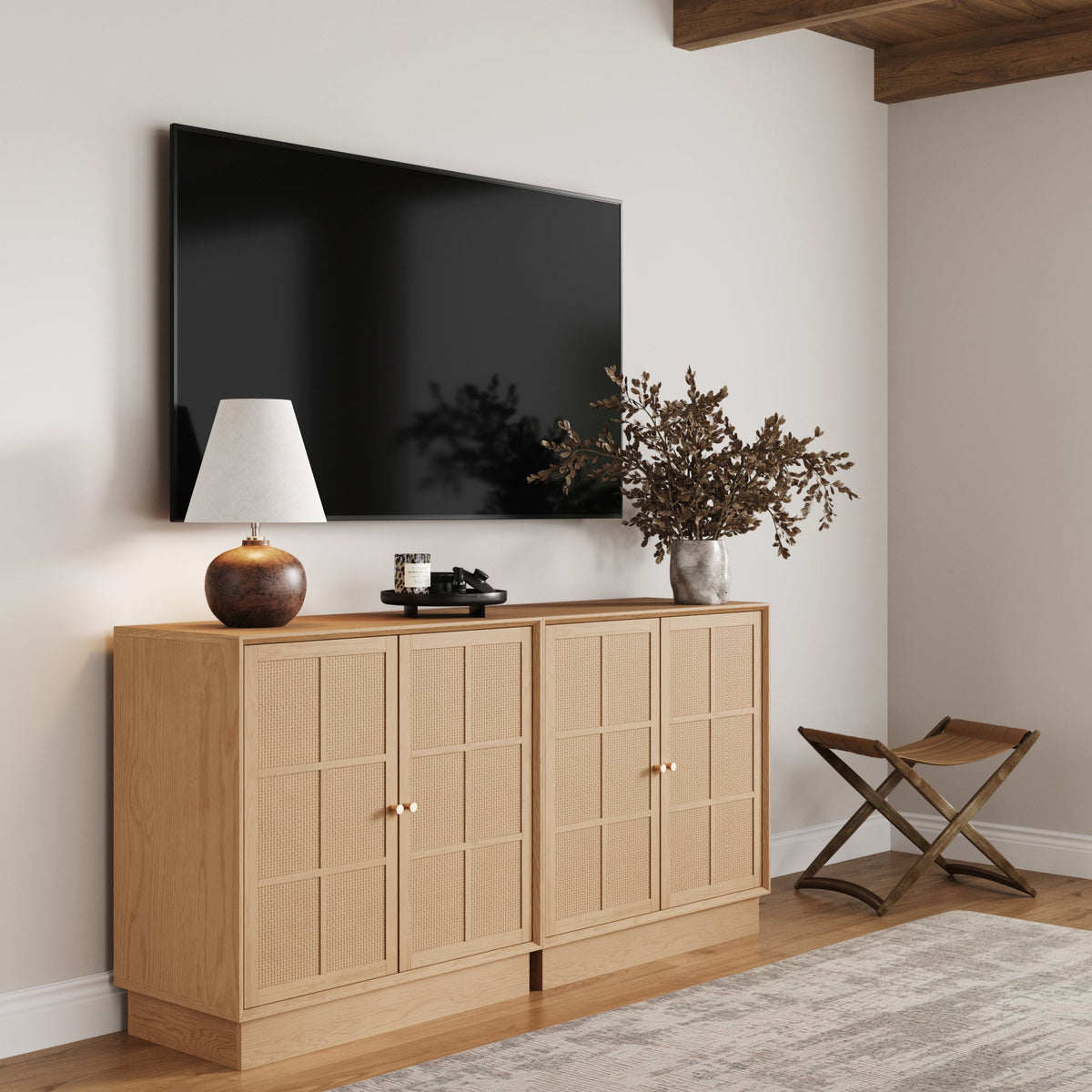 Modern Coastal Rattan Wood Sideboard Storage Cabinet Raw