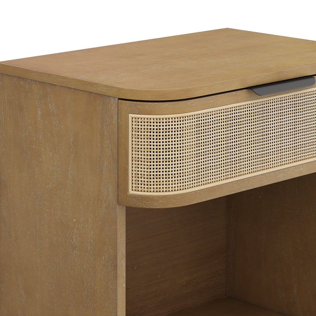 Curved Rattan Nightstand with 1 Drawer Light Brown