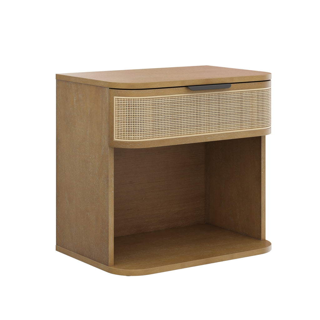 Curved Rattan Nightstand with 1 Drawer Light Brown