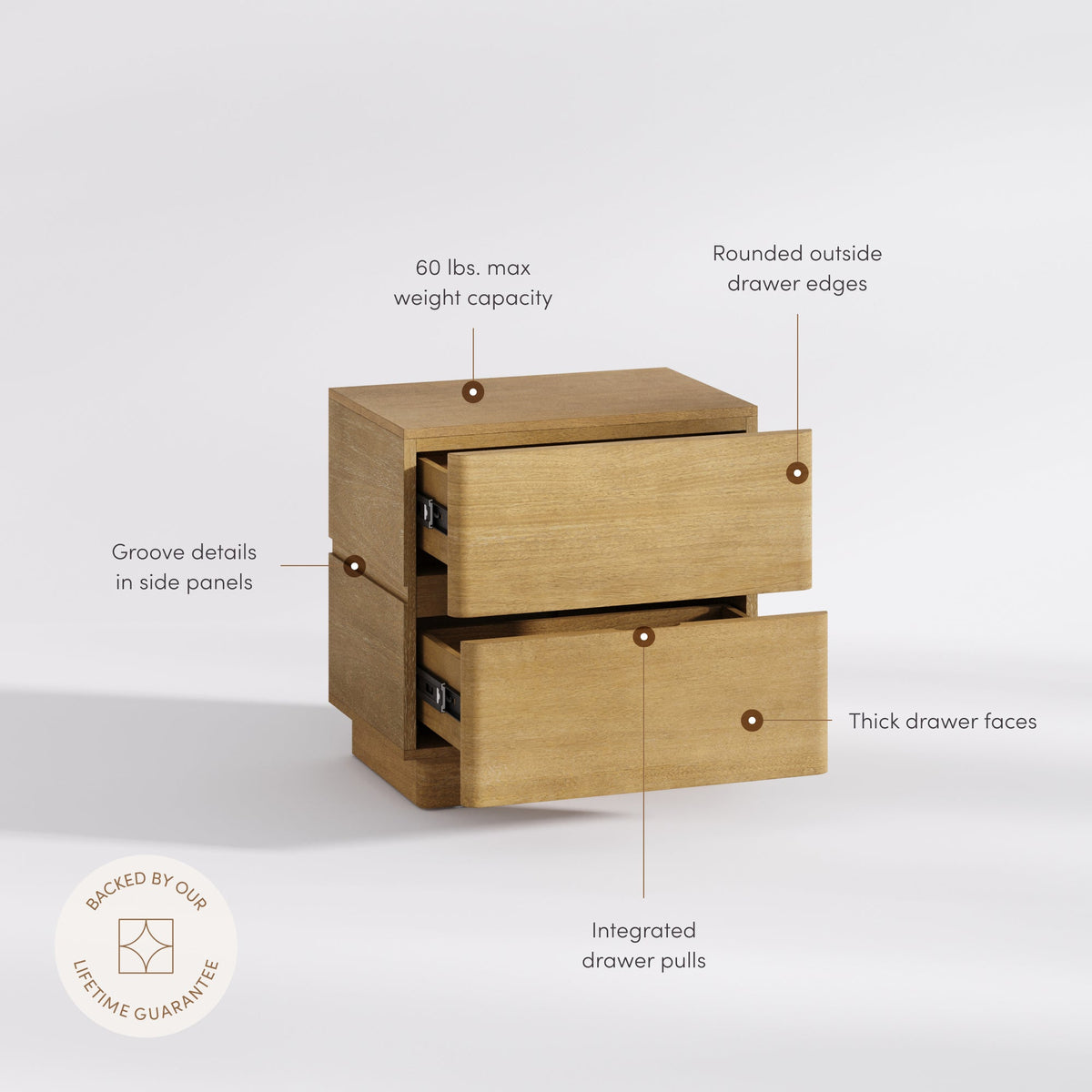 Modern Wood 2 Drawer Nightstand with Rounded Edges Light