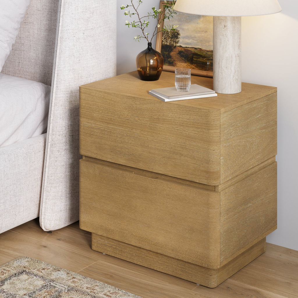 Modern Wood 2 Drawer Nightstand with Rounded Edges Light