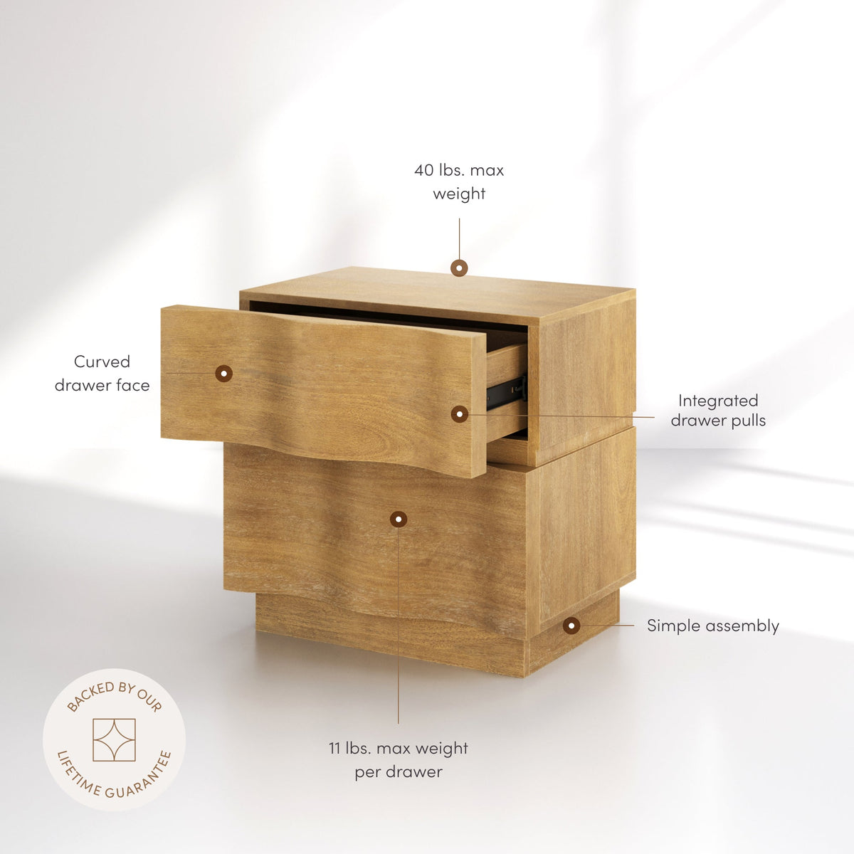 Modern Organic 2-Drawer Wood Nightstand with Wavy Drawer