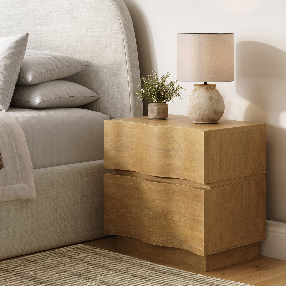 Modern Organic 2-Drawer Wood Nightstand with Wavy Drawer