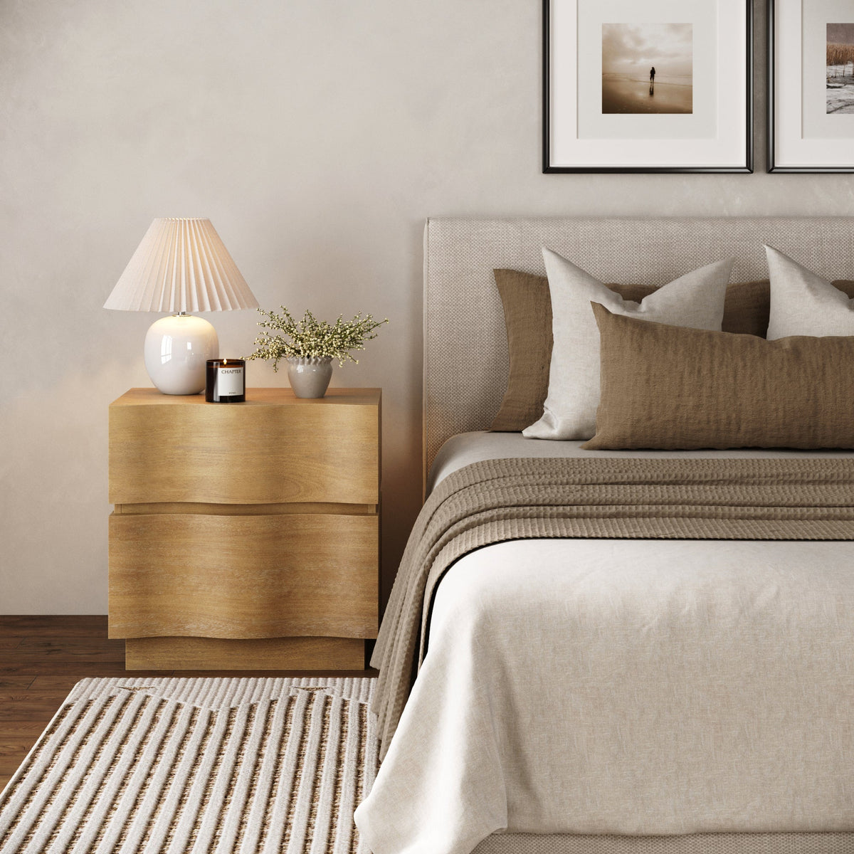 Modern Organic 2-Drawer Wood Nightstand with Wavy Drawer