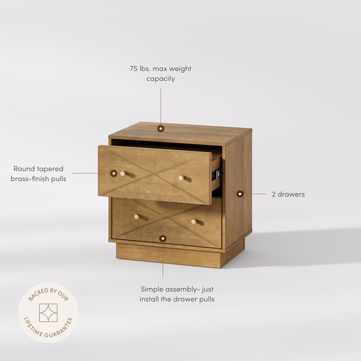 Geometric Wood Modern Nightstand with 2 Drawers Light