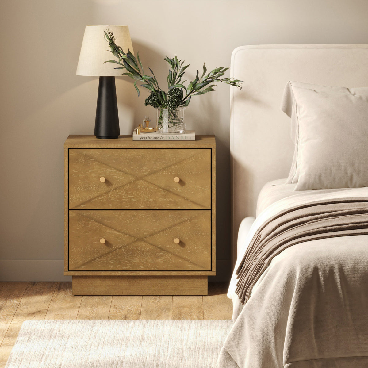 Geometric Wood Modern Nightstand with 2 Drawers Light