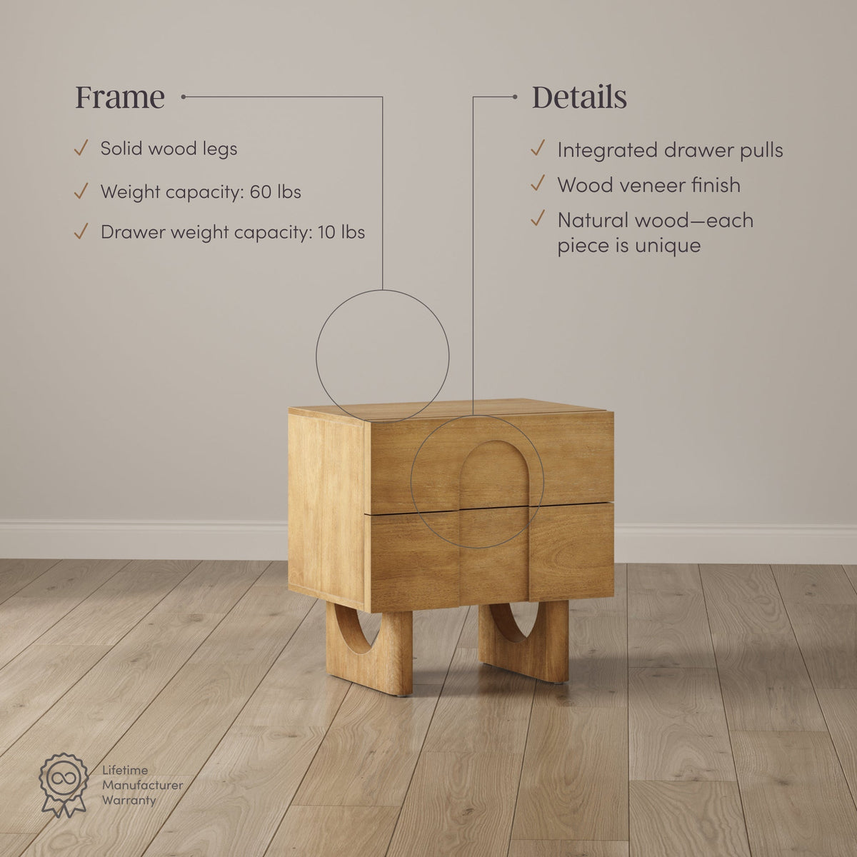 Wooden Bedside Table with Drawers and Solid Wood Legs