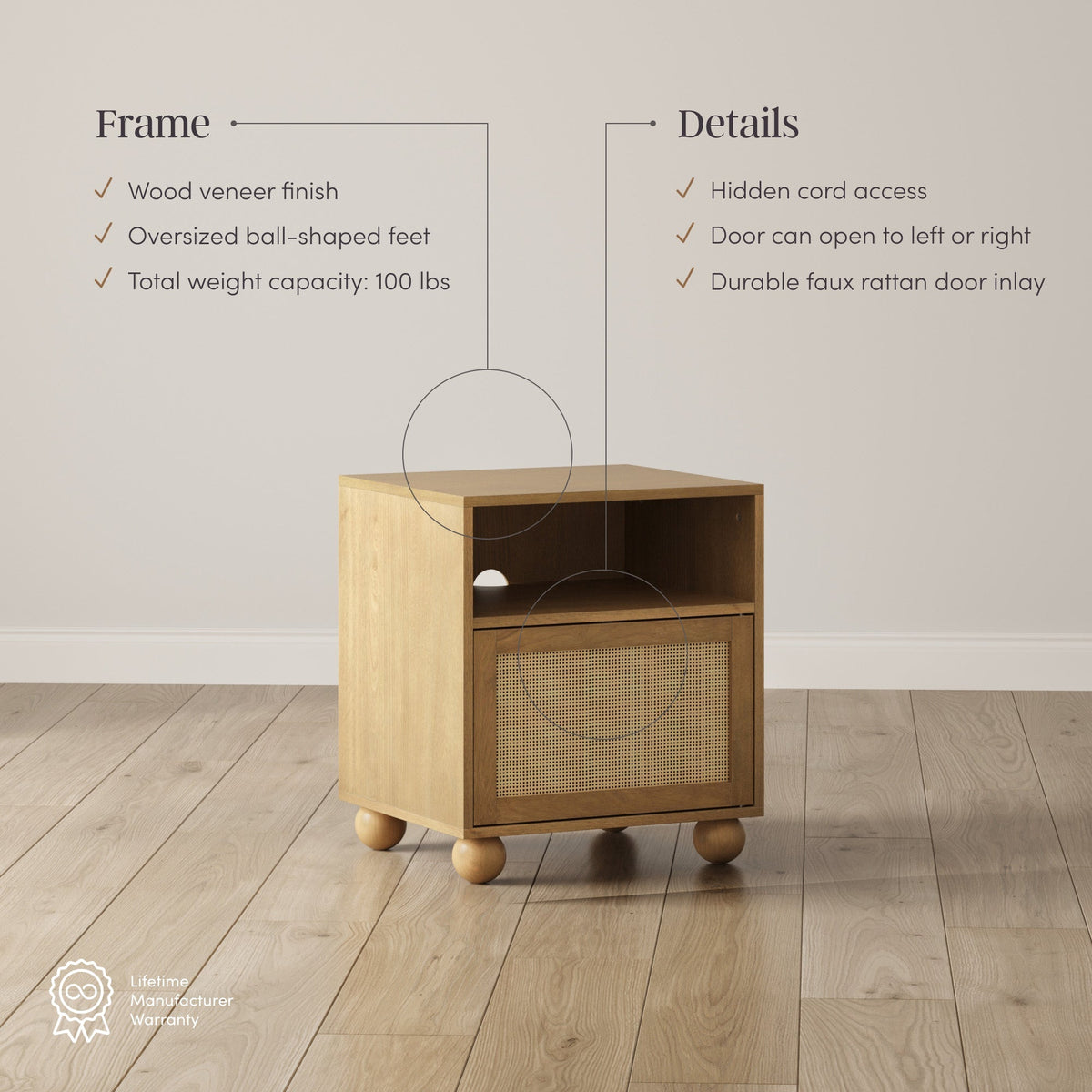 Coastal Rattan & Wood Nightstand with Storage