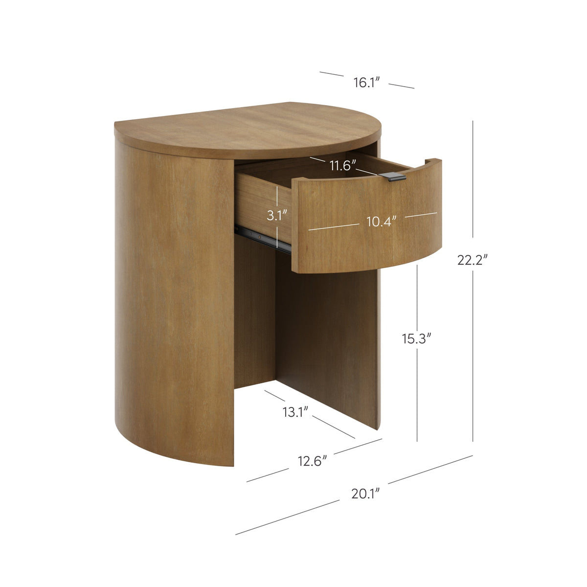 Modern Wood Curved Nightstand with Drawer Light Brown