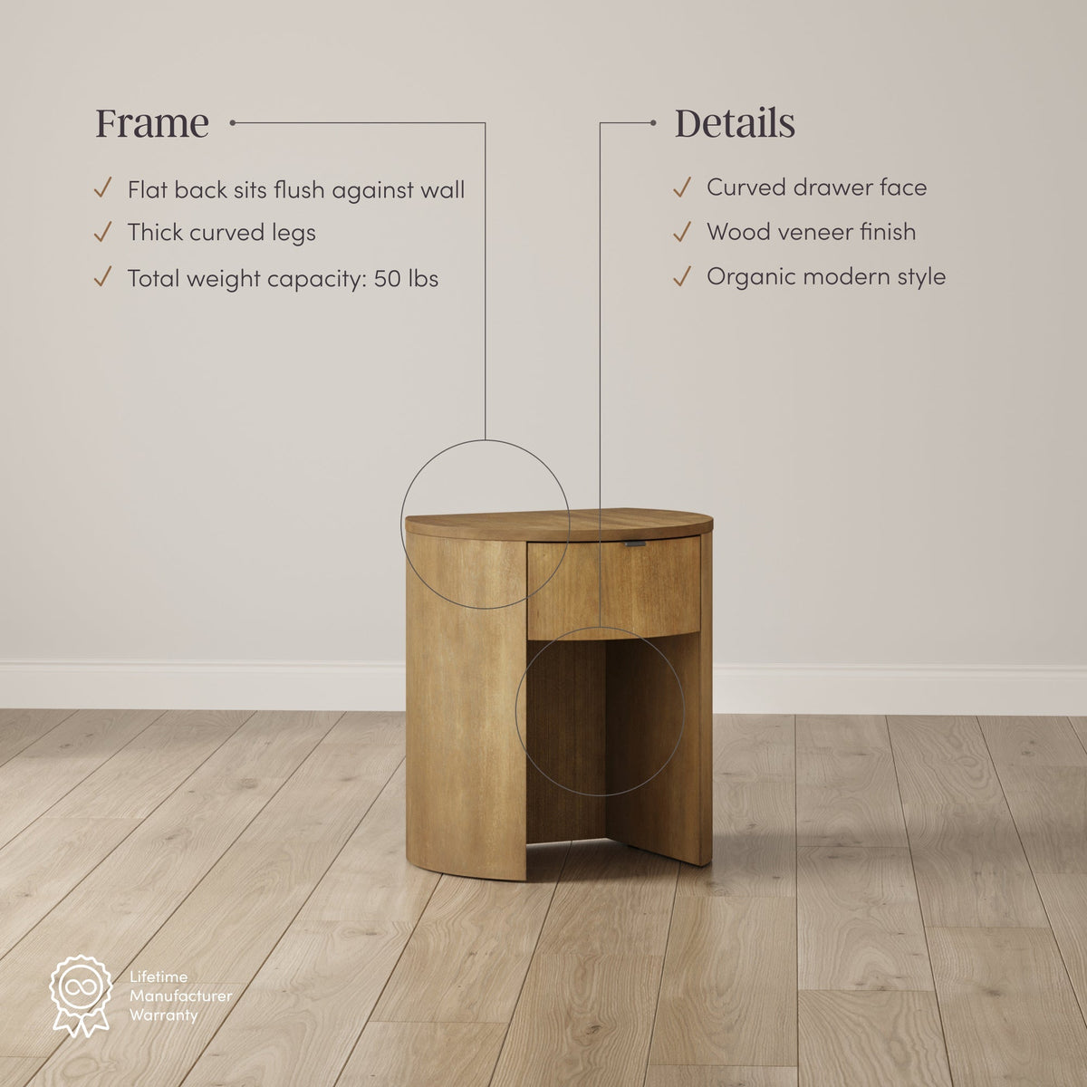 Modern Queen Bed Frame and 2 Curved Nightstands Set Light