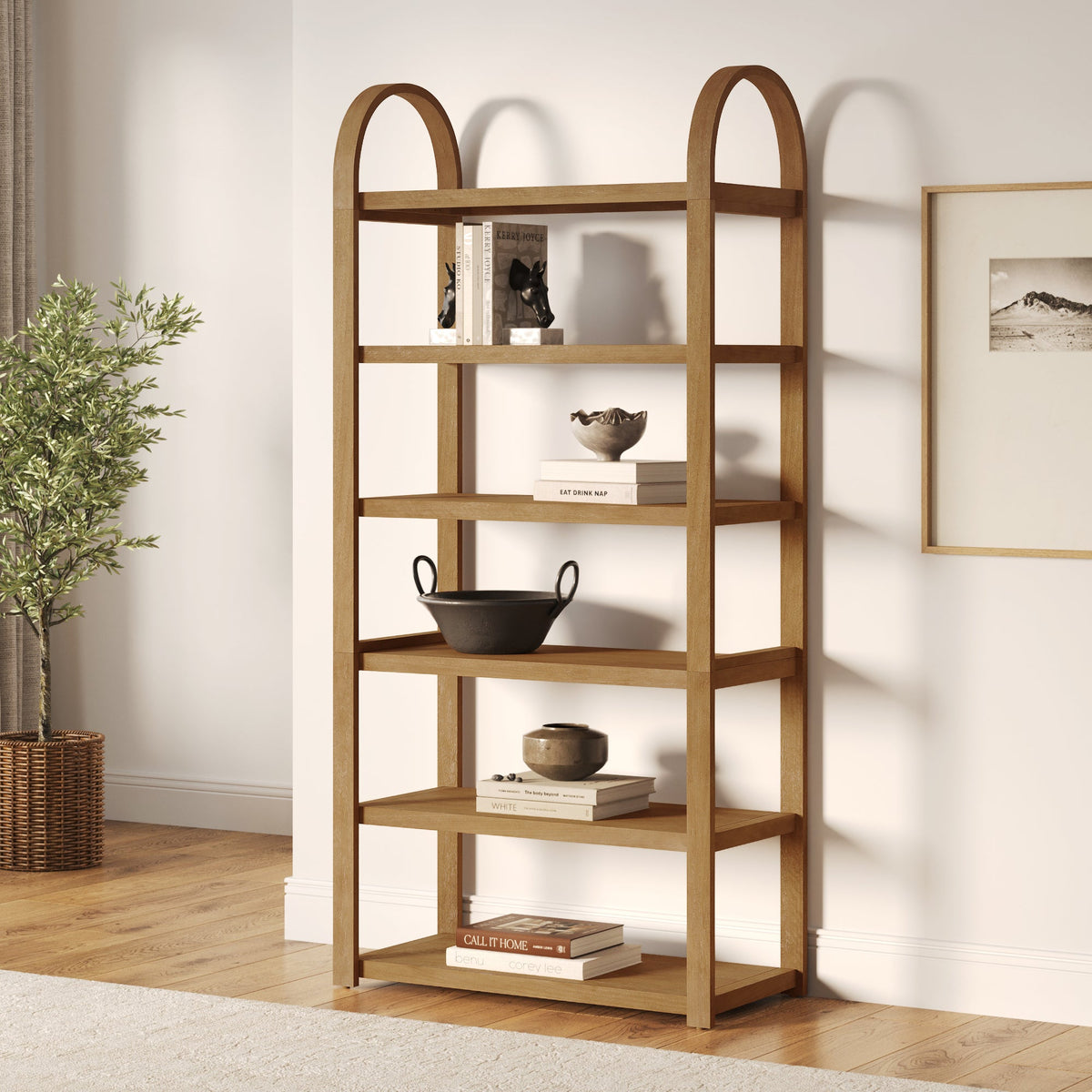 Wooden 6-Tier Arched Open Shelf Etagere Bookcase