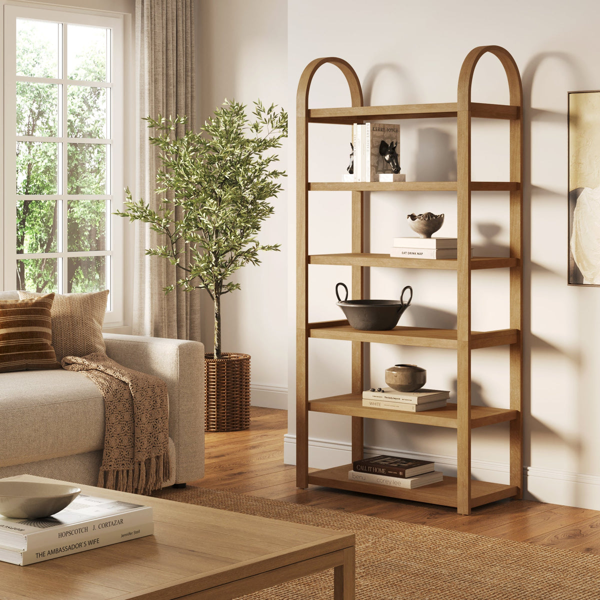 Wooden 6-Tier Arched Open Shelf Etagere Bookcase