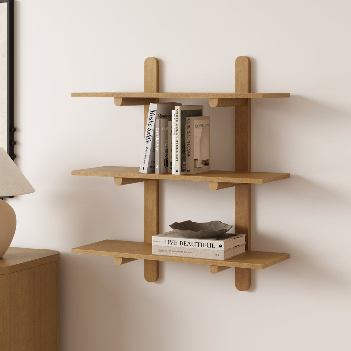 Mid Century Modern 3-Tier Wall Mounted Wood Shelf Light