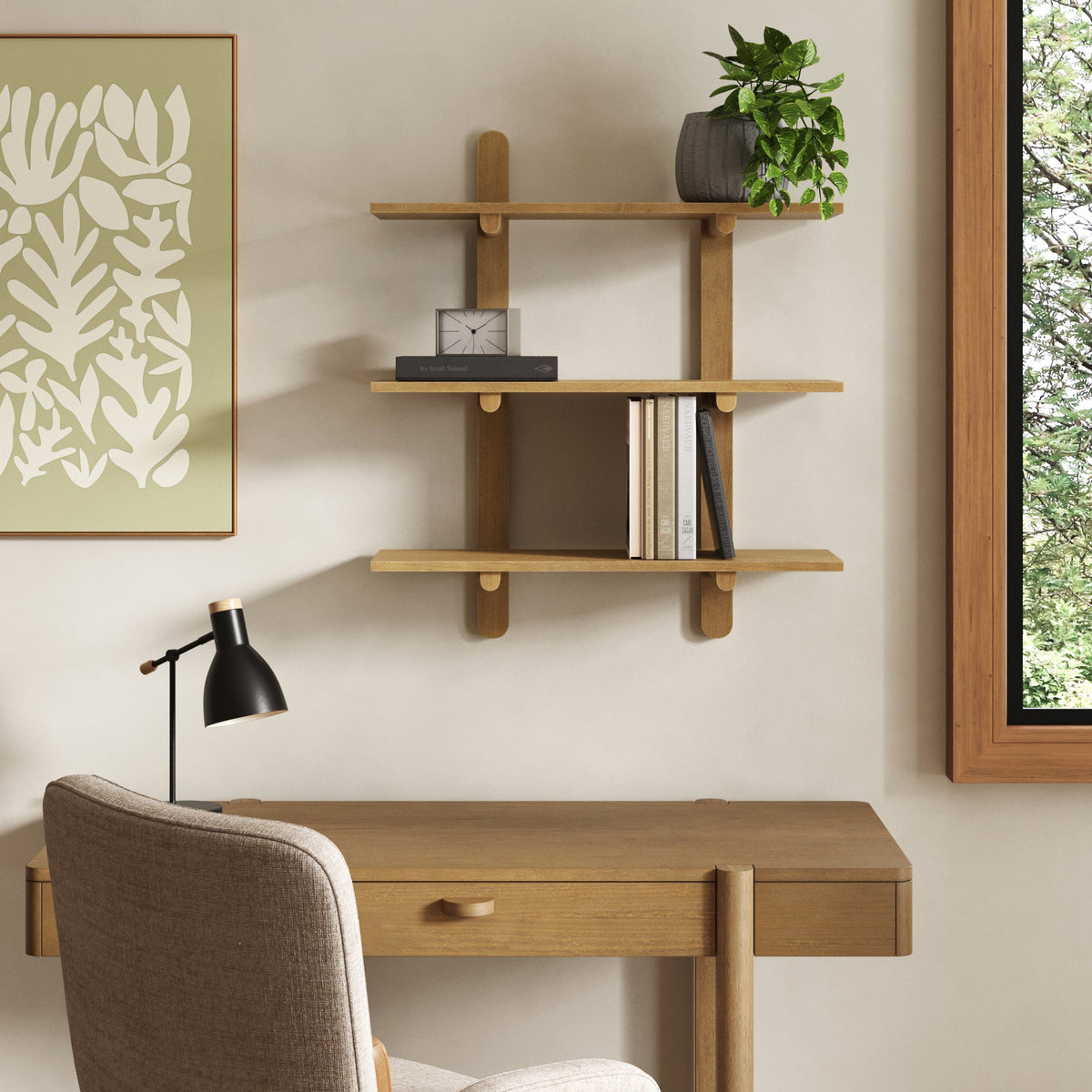 Mid Century Modern 3-Tier Wall Mounted Wood Shelf Light