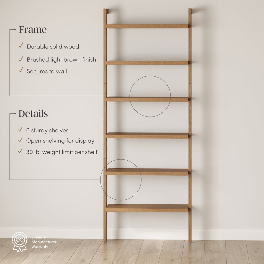 Modern 6-Shelf Wall Mounted Solid Wood Bookcase Light