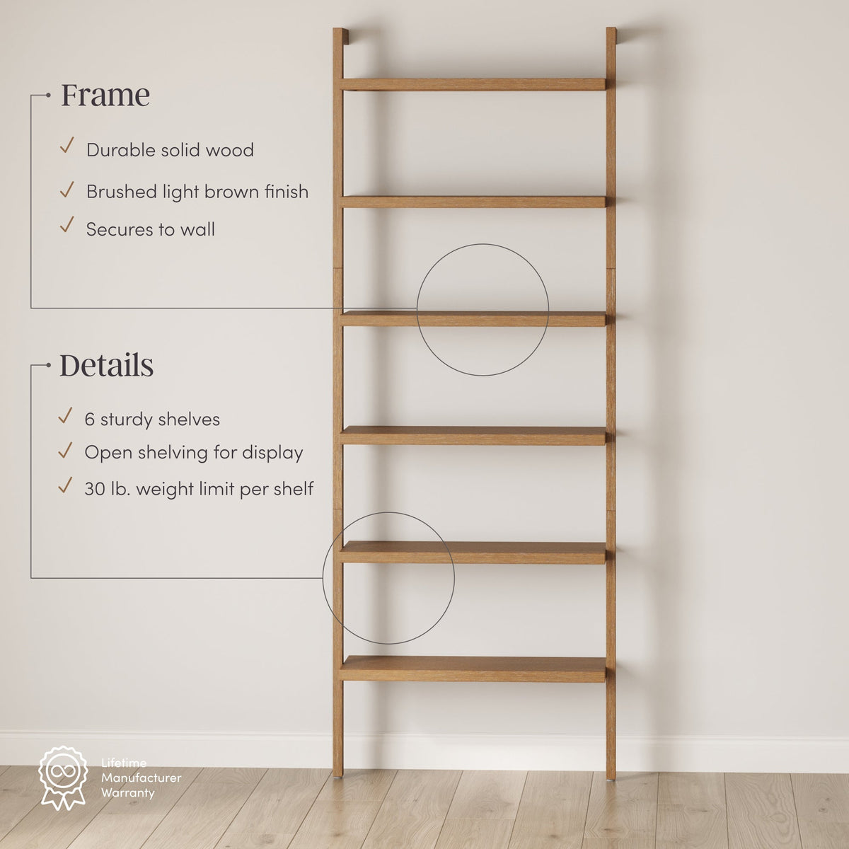 Modern 6-Shelf Wall Mounted Solid Wood Bookcase Light