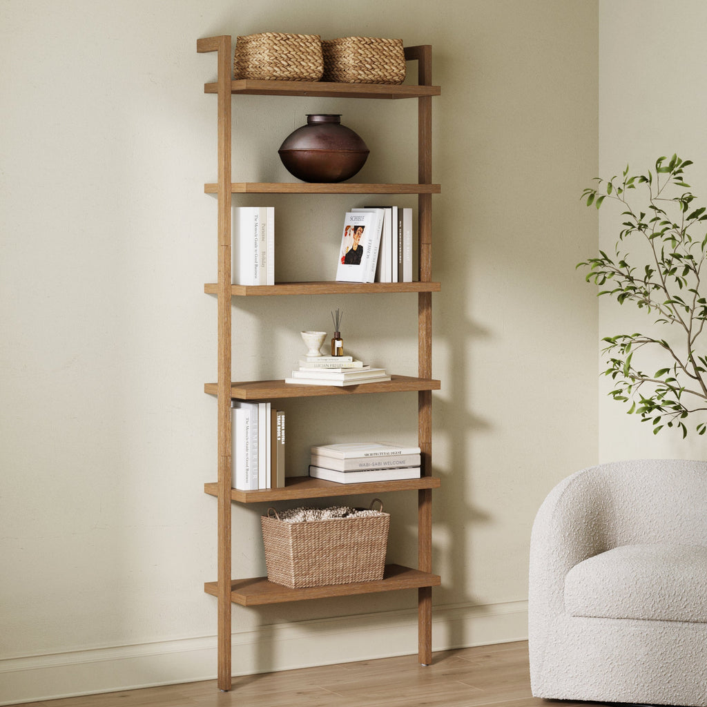 Modern 6-Shelf Wall Mounted Solid Wood Bookcase Light