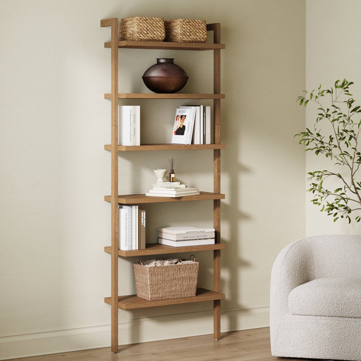Modern 6-Shelf Wall Mounted Solid Wood Bookcase Light