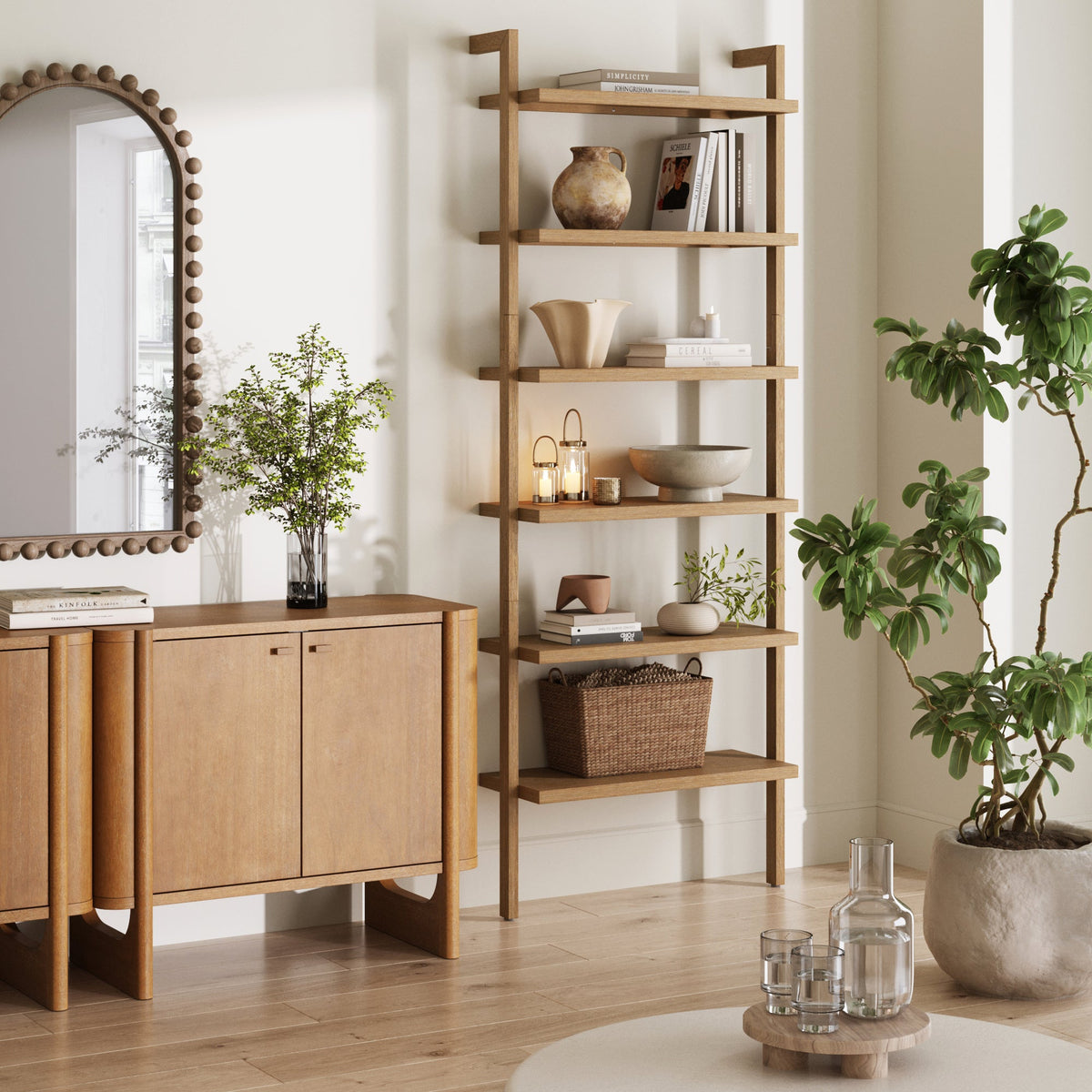 Modern 6-Shelf Wall Mounted Solid Wood Bookcase Light