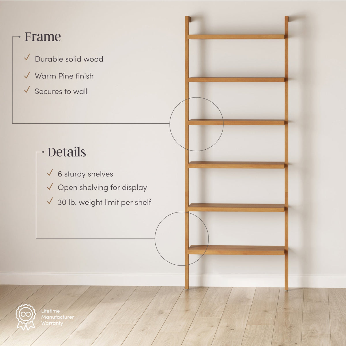 Modern 6-Shelf Wall Mounted Solid Wood Bookcase Warm Pine