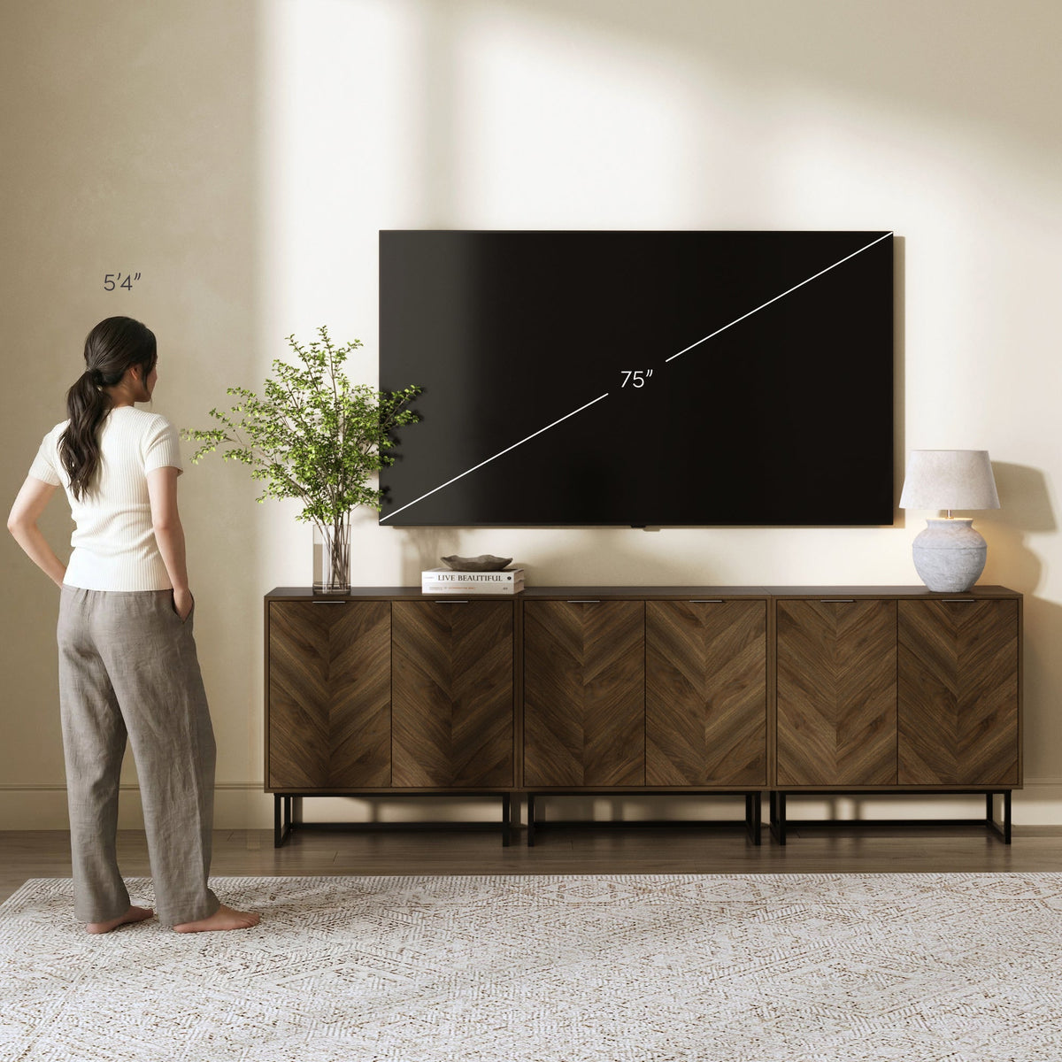 Wood Herringbone TV Console for TVs up to 75" Walnut